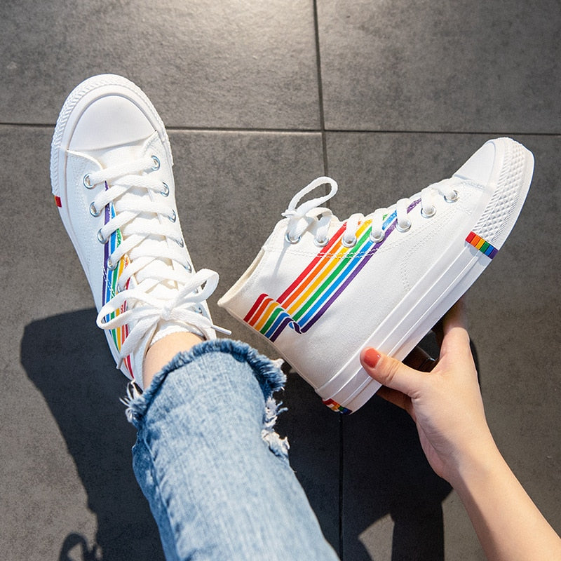 Classic Ladies Rainbow Canvas Shoes Women&#39;s Casual Sneakers Lace-up Shoes Zapatillas Mujer High Top Sneakers Zapatos De Mujer