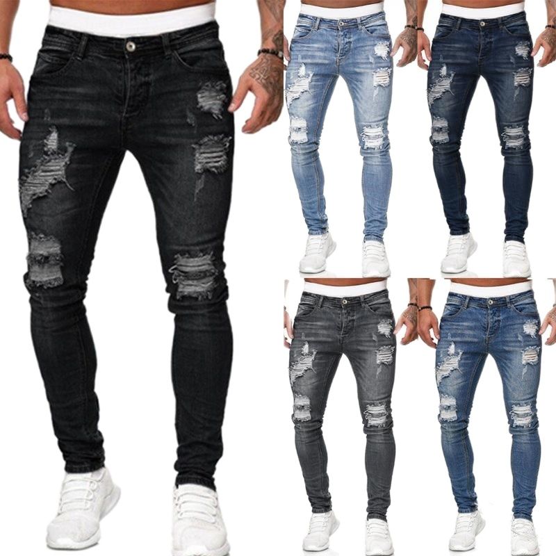 Jeans Men Ripped Skinny Hole Trousers Stretch Slim Denim Pants Large Size Hip Hop Black Blue Casual Jogging Jeans for Men