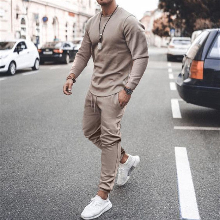 Autumn New Men Tracksuit Casual Solid Sports Set Long Sleeved TShirt 2 Pieces Sets+Pants Fashion Brand Jogger Fitness Sportswear