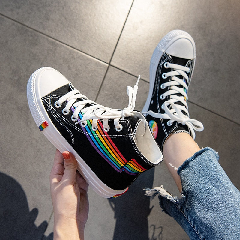 Classic Ladies Rainbow Canvas Shoes Women&#39;s Casual Sneakers Lace-up Shoes Zapatillas Mujer High Top Sneakers Zapatos De Mujer