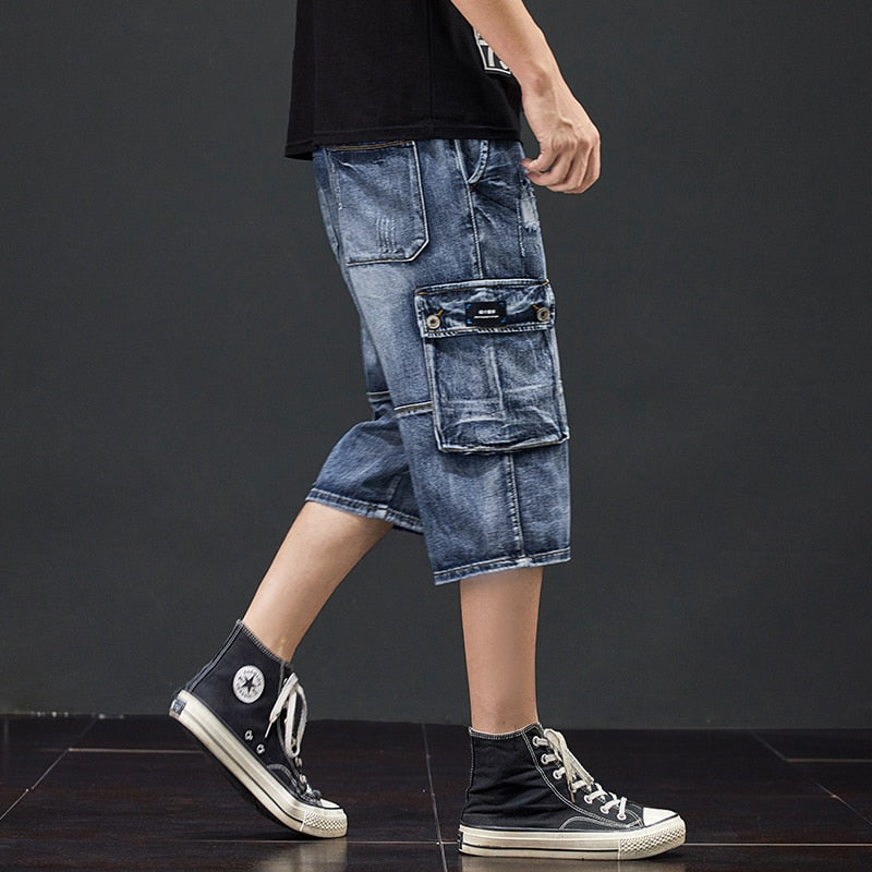 Summer New Men Jeans Cargo Shorts Fashion Casual Elasticated Waist Stretch Big Pocket Cropped Jean Male Brand