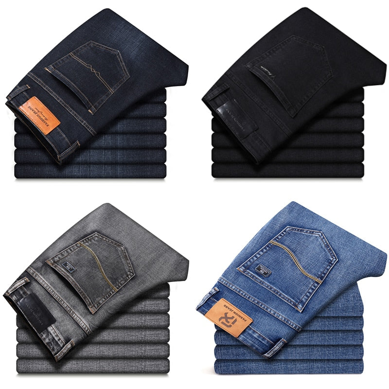 New Men&#39;s Stretch Regular Fit Jeans Business Casual Classic Style Fashion Denim Trousers Male Black Blue Gray Pants