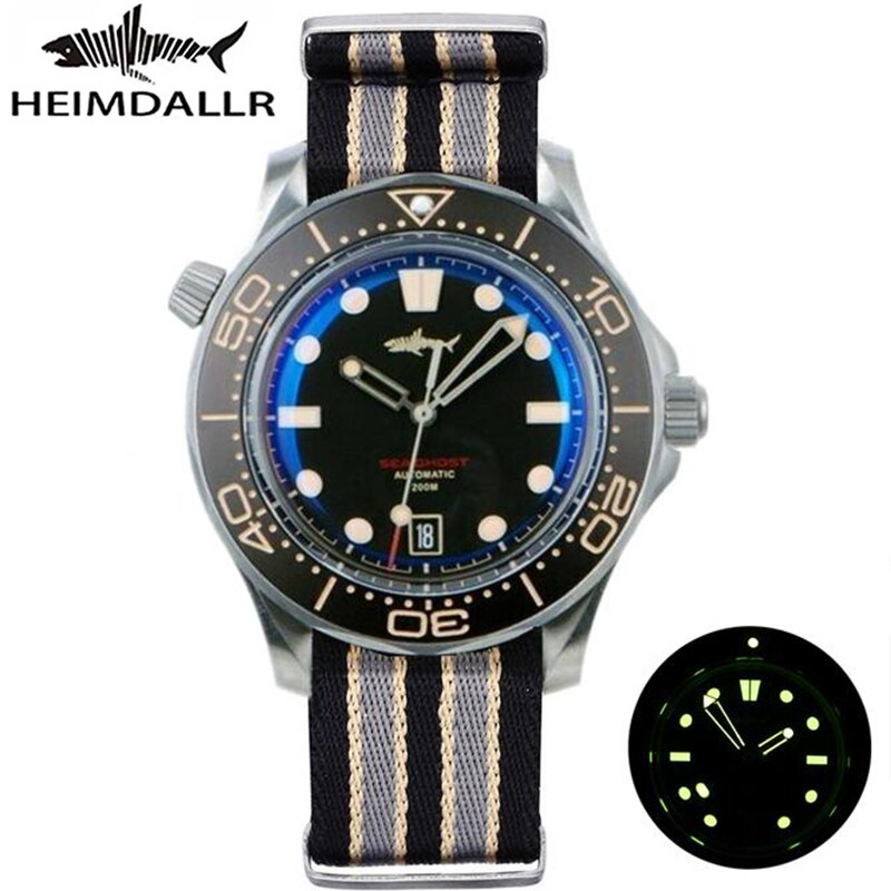 Heimdallr Watch Titanium Sea Ghost NTTD NH35 Automatic Mechanical C3 Luminous Steel Nylon White Black Dial 200M Dive Watches Men