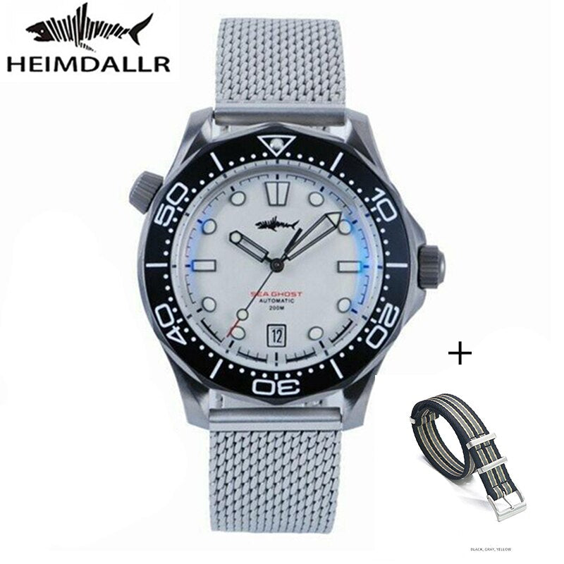 Heimdallr Watch Titanium Sea Ghost NTTD NH35 Automatic Mechanical C3 Luminous Steel Nylon White Black Dial 200M Dive Watches Men