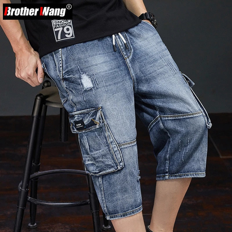 Summer New Men Jeans Cargo Shorts Fashion Casual Elasticated Waist Stretch Big Pocket Cropped Jean Male Brand