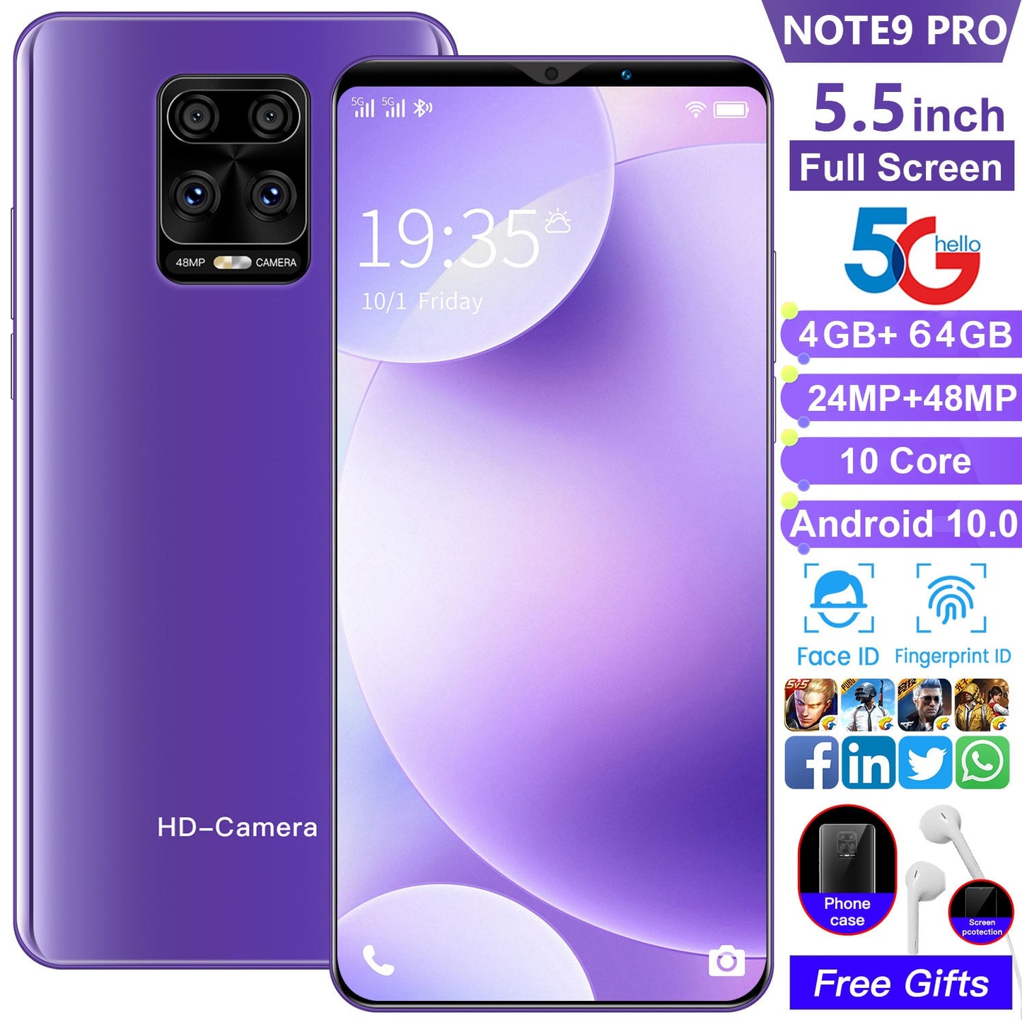 Note 9 Pro 5.5 Inch Global Version Smartphone 4GB 64GB Phone Android 10.0 Mobile Phones 4G 5G Dual Card Cell Phone Smart Phone