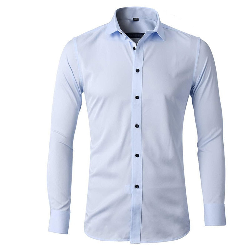 Gray Elastic Bamboo Fiber Shirt Men Brand New Long Sleeve Mens Dress Shirts Non Iron Easy Care Business Work Chemise Homme XXL