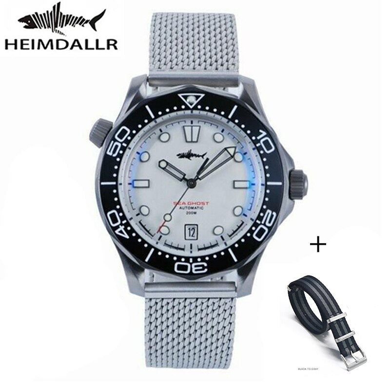 Heimdallr Watch Titanium Sea Ghost NTTD NH35 Automatic Mechanical C3 Luminous Steel Nylon White Black Dial 200M Dive Watches Men