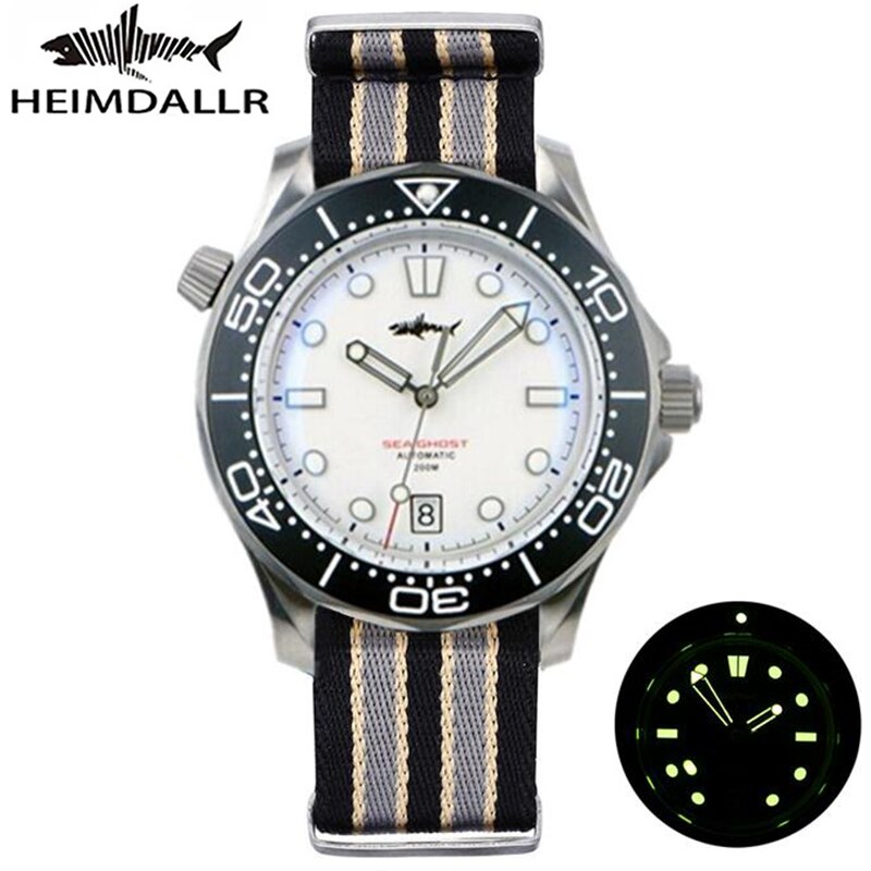 Heimdallr Watch Titanium Sea Ghost NTTD NH35 Automatic Mechanical C3 Luminous Steel Nylon White Black Dial 200M Dive Watches Men